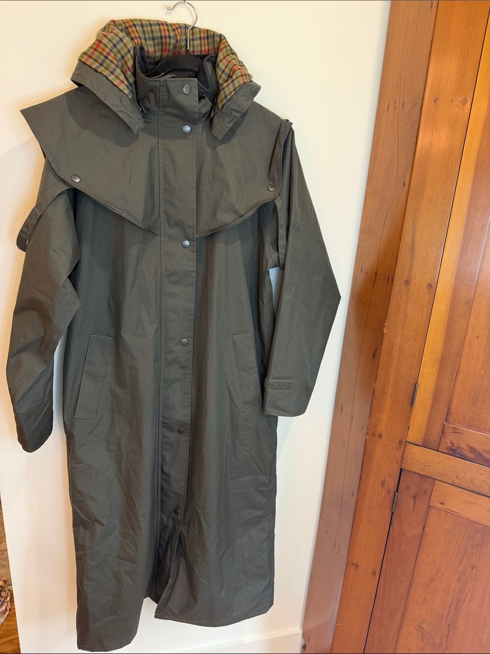 Jack Murphy Ireland Olive Green Long Waterproof Duster Coat w/Plaid Lining, 6